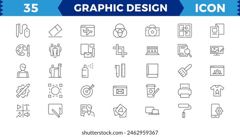 Pixel Perfect Set of thin line icons of graphic design. Simple linear icons in a modern style flat, Creative Process. Graphic design, creative package, stationary, software and Editable stroke
