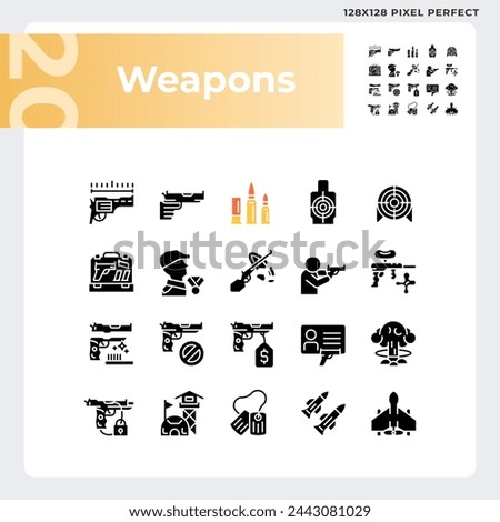 Pixel perfect simple glyph style icons set representing weapons, silhouette illustration.