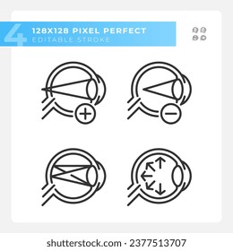 Pixel perfecto conjunto de iconos simples que representan el cuidado de los ojos, editable ilustración de línea delgada negra.