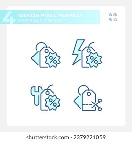 Pixel perfect simple icons set representing discounts, editable blue thin line illustration.
