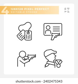 Pixel perfecto conjunto de iconos simples que representan armas, editable ilustración de línea delgada negra.