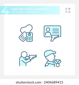 Pixel perfecto conjunto de iconos simples que representan armas, editable ilustración de línea delgada azul.