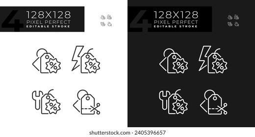 Pixel perfect simple icons set representing discounts, customizable dark and light thin line illustration.