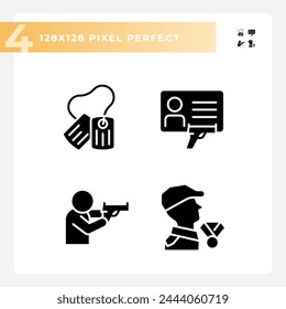 Conjunto de iconos simples perfectos de píxeles que representan armas, ilustración de estilo glifo.
