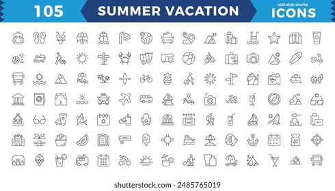 Pixel Perfect Summer Vacation Editable Icons set. Vector illustration in modern thin line style of travel related icons: sea, surfing, beach, hotel, and more.Outline icon collection
