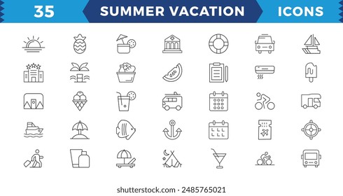 Pixel Perfect Summer Vacation Editable Icons set. Vector illustration in modern thin line style of travel related icons: sea, surfing, beach, hotel, and more.Outline icon collection
