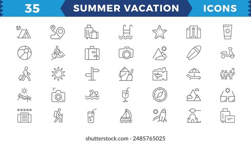 Pixel Perfect Summer Vacation Editable Icons set. Vector illustration in modern thin line style of travel related icons: sea, surfing, beach, hotel, and more.Outline icon collection
