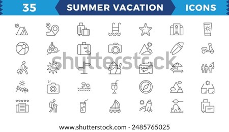 Pixel Perfect Summer Vacation Editable Icons set. Vector illustration in modern thin line style of travel related icons: sea, surfing, beach, hotel, and more.Outline icon collection
