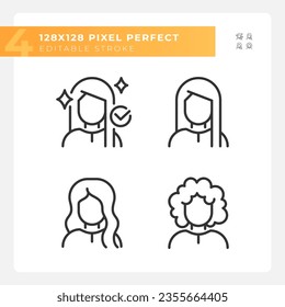 Pixel perfecto juego de iconos negros de línea delgada que representan el cuidado del pelo, ilustración personalizable.