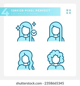 Pixel perfecto juego de iconos de línea delgada azul que representa el cuidado del pelo, ilustración monocromática editable.