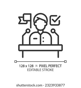 Pixel perfect thin line icon representing election candidate with banner and checkmark, isolated vector of voting, editable sign.