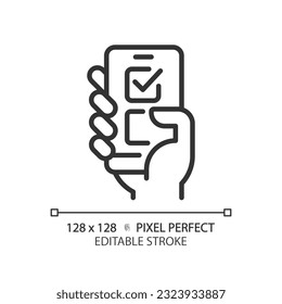 Pixel perfecto icono de línea delgada de la votación a mano a través de smartphone, vector editable aislado que representa la votación en línea.