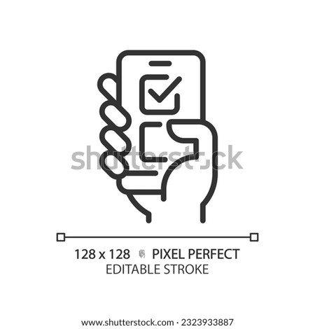 Pixel perfect thin line icon of hand voting through smartphone, isolated editable vector representing online voting.