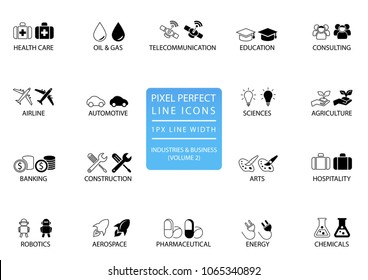 Pixel perfect thin line icons and symbols of various industries / business sectors like telecommunications, chemicals, aerospace, automotive, banking, consulting