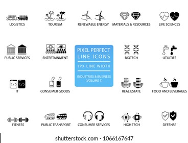 Pixel perfect thin line icons and symbols of various industries / business sectors like public services, consumer goods, defence, life sciences, high-tech, resources, IT, logistics.