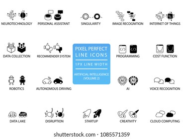 Pixel perfect thin line icons and symbols set for artificial intelligence / AI.