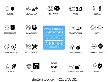 Pixel perfect thin line vector icon set for web3 or Web 3.0 concept. Configurable symbols for technology infographics