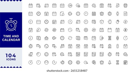 pixel perfect Tempo e calendário Linha Editável Ícones conjunto. Ilustração vetorial no estilo de linha fina moderna de gerenciamento de tempo ícones relacionados: relógio, cronômetro, temporizador, agenda, data