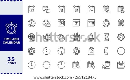 pixel perfect Time and calendar Line Editable Icons set. Vector illustration in modern thin line style of time management related icons: clock, stopwatch, timer, schedule, date