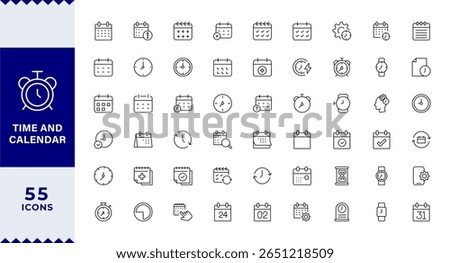 pixel perfect Time and calendar Line Editable Icons set. Vector illustration in modern thin line style of time management related icons: clock, stopwatch, timer, schedule, date