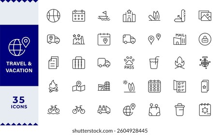 Pixel Perfect ,Travel and Vacation Outline Icon illustration.Modern, Perfect for Airlines, Maps, Adventure, Tourism, Editable line icon set.