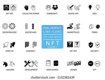 Pixel perfect vector icon set for NFT Non-Fungible Token concept.