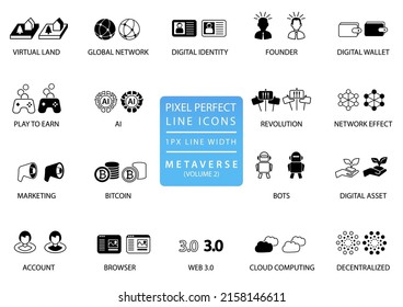 Pixel Perfect Vector Icon Set Of The Meta Verse Concept. Reusable Web Symbols In Dark And Light Flat Design.