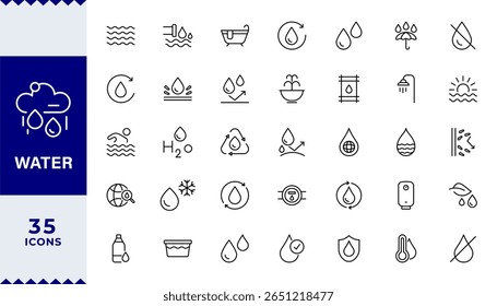  Pixel Perfect, water icon collection real estate. Drop Water, Mineral Water, Low and High Tide, Shower, Plastic Bottle and Glass.