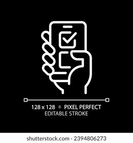 Pixel perfect white linear icon of hand voting through smartphone, isolated editable vector representing online voting for dark mode.