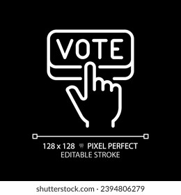 Pixel perfecto icono lineal blanco del voto de presión a mano, ilustración vectorial que representa la votación, signo de elección editable para el modo oscuro.