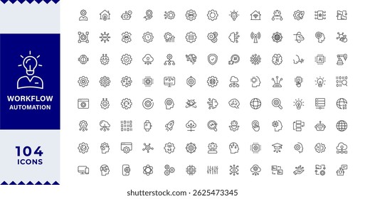 Pixel Perfect Workflow Automation Line Ícones editáveis definidos. Ilustração vetorial no estilo de linha fina moderna de tecnologias ícones relacionados: robótica, produtividade, aprendizagem de máquina, tecnologia de IA digital,