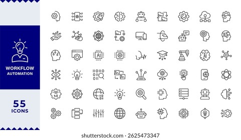 Pixel Perfect Workflow Automation Line Editierbare Symbole gesetzt. Vektorgrafik im modernen Dünnlinien-Stil technologiebezogener Symbole: Roboter, Produktivität, Maschinelles Lernen, digitale KI-Technologie,
