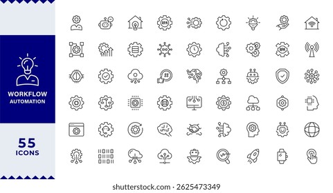 Pixel Perfect Workflow Automation Line Ícones editáveis definidos. Ilustração vetorial no estilo de linha fina moderna de tecnologias ícones relacionados: robótica, produtividade, aprendizagem de máquina, tecnologia de IA digital,