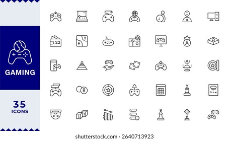  Pixel Perfect,Gaming icon set with cosmetics, skins, customization, emotes, voice chat, text chat, Controllers, Tournaments, ping icon. 