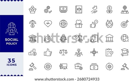 Pixel Perfect,Social policy Web Icon Set in Line Style.Including, healthcare, family, education, protection, law, insurance, healthcare, reform