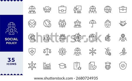 Pixel Perfect,Social policy Web Icon Set in Line Style.Including, healthcare, family, education, protection, law, insurance, healthcare, reform