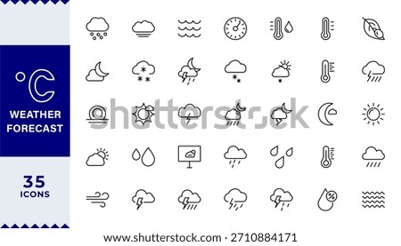 Pixel Perfect,Weather Forecast line editable icon set. sun, rain, snow, cloud, humidity, cloudy, rainy season,Weather , clouds, sunny day, moon, snowflakes, wind, sun day. Vector illustration 
