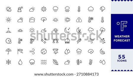 Pixel Perfect,Weather Forecast line editable icon set. sun, rain, snow, cloud, humidity, cloudy, rainy season,Weather , clouds, sunny day, moon, snowflakes, wind, sun day. Vector illustration 