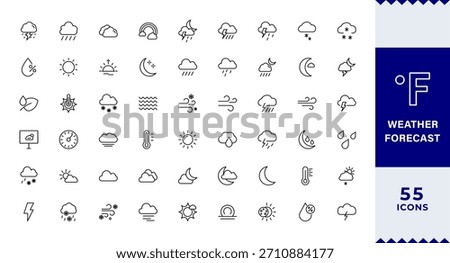 Pixel Perfect,Weather Forecast line editable icon set. sun, rain, snow, cloud, humidity, cloudy, rainy season,Weather , clouds, sunny day, moon, snowflakes, wind, sun day. Vector illustration 