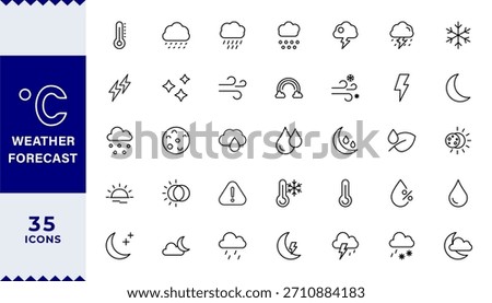 Pixel Perfect,Weather Forecast line editable icon set. sun, rain, snow, cloud, humidity, cloudy, rainy season,Weather , clouds, sunny day, moon, snowflakes, wind, sun day. Vector illustration 