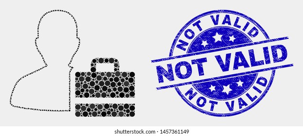 Pixel person case mosaic icon and Not Valid seal stamp. Blue vector rounded distress seal stamp with Not Valid caption. Vector collage in flat style.