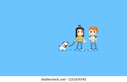 Pixel pet lover character.Man holding cat and woman with her dog.8bit.