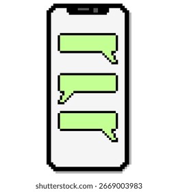 Pixel phone with bubble speech vector for mobile communication, apps, and digital messaging. Useful for illustrating chat, social media, or technology in a fun, retro, 8-bit style.