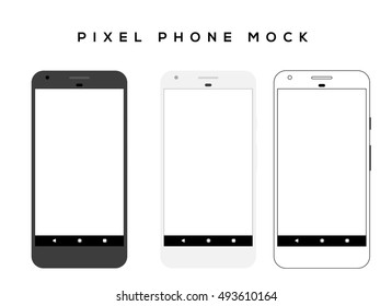 Pixel phone mock. three mobile smartphone with blank screen. illustrated and line art phone for mockup.