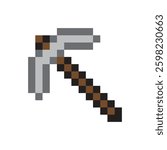 Pixel pickaxe icon. Mining tool symbol. Gray brown handle. Vector illustration.
