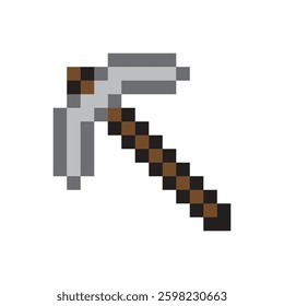 Pixel pickaxe icon. Mining tool symbol. Gray brown handle. Vector illustration.