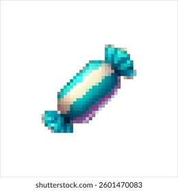 Pixel pictures of candies. Colorful wrappers. Festive sweets. Chocolate treats. Caramel of different shapes and colors. Retro desserts for children and adults