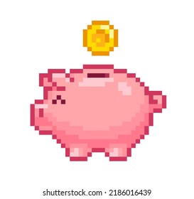 Pixel Piggy Bank with gold coin isolated on white vector. Pixel Art Piggy Bank icon. Saving money concept. Pixelated money box in 8-bit retro game 80s - 90s style