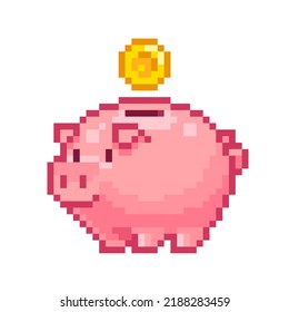 Pixel Piggy Bank with gold coin isolated on white vector. Pixel Art Piggy Bank icon. Saving money concept. Pixelated money box in 8-bit retro game 80s - 90s style