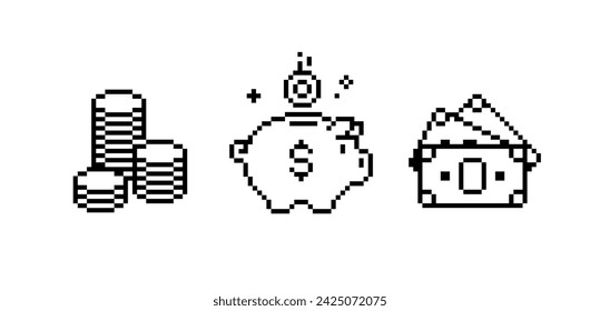 Pixel Piggy Bank with gold coin isolated on white vector. Pixel Art Piggy Bank icon. Saving money concept. Pixelated money box in 8-bit retro game 80s - 90s style